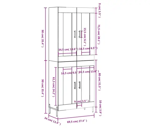 Augstais Skapis, Balts, 69,5X34X180 Cm, Inženierijas Koks Vidaxl