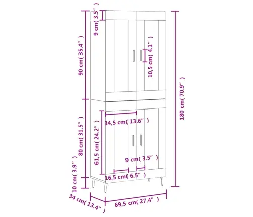 Komoda, Pilkos Ąžuolo Spalvos, 69,5X34X180cm Apdirbta Mediena