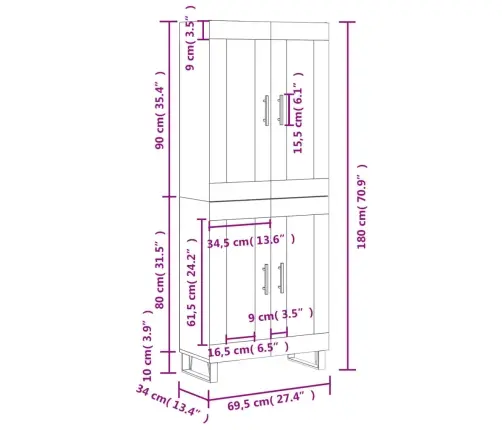 Augstais Skapis, Ozolkoka, 69,5X34X180 Cm, Inženierijas Koks Vidaxl