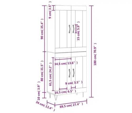 Kõrge Kapp, Betoonhall, 69,5 X 34 X 180 cmTehispuit