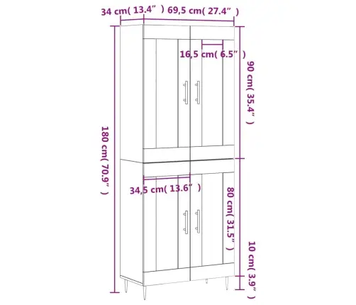 Kõrge Kapp, Valge, 69,5 X 34 X 180 cm Tehispuit