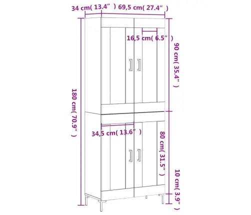 Augstais Skapis, Balts, 69,5X34X180 Cm, Inženierijas Koks Vidaxl