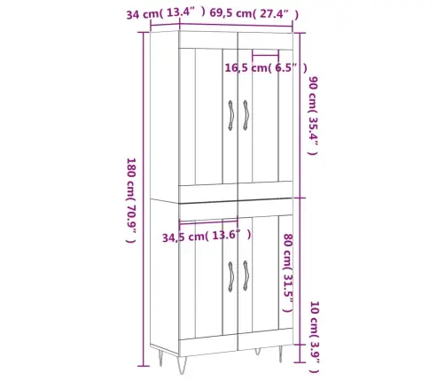 Kõrge Kapp, Sonoma Tamm, 69,5 X 34 X 180 cm Tehispuit
