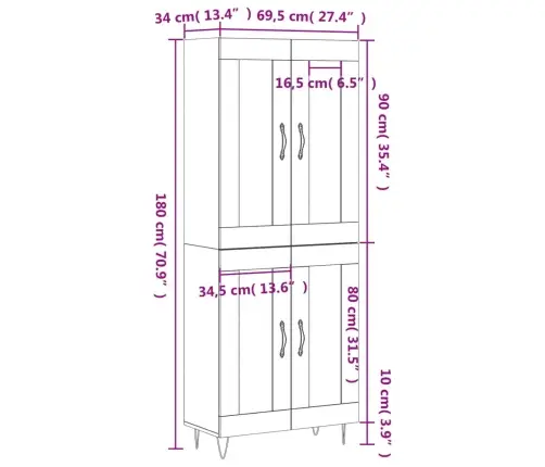 Komoda, Pilkos Ąžuolo Spalvos, 69,5X34X180cm Apdirbta Mediena