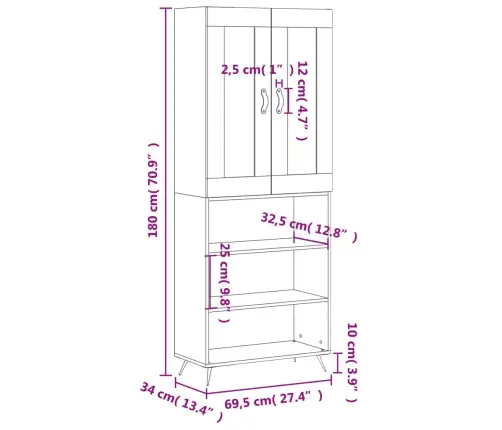 Augstais Skapis, Pelēks, 69,5X34X180 Cm, Inženierijas Koks Vidaxl Augstais Skapis, Pelēks, 69,5X34X180 Cm, Inženierijas Koks Vidaxl