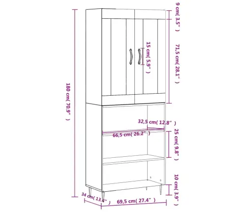 Augstais Skapis, Pelēks, 69,5X34X180 Cm, Inženierijas Koks Vidaxl Augstais Skapis, Pelēks, 69,5X34X180 Cm, Inženierijas Koks Vidaxl