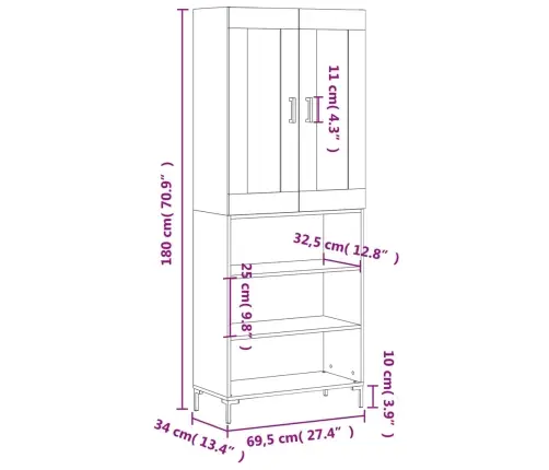 Augstais Skapis, Pelēks, 69,5X34X180 Cm, Inženierijas Koks Vidaxl
