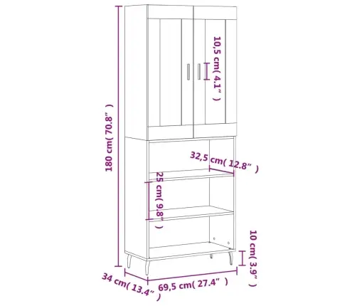 Augstais Skapis, Pelēks, 69,5X34X180 Cm, Inženierijas Koks  Vidaxl