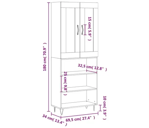 Kõrge Kapp, Betoonhall, 69,5 X 34 X 180 cmTehispuit
