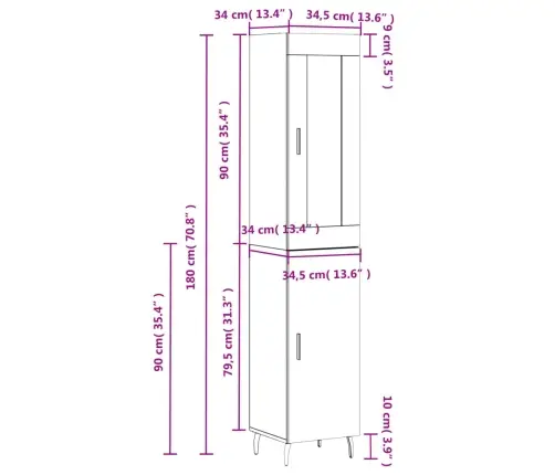 Augstais Skapītis, Balts, 34,5X34X180 Cm, Inženierijas Koks Vidaxl