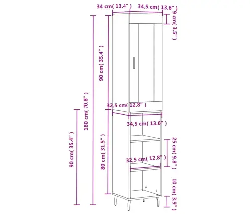 Augstais Skapītis, Pelēks, 34,5X34X180 Cm, Inženierijas Koks Vidaxl