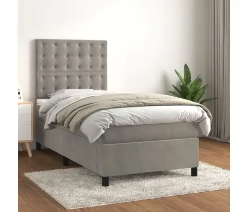 Lova Su Spyruoklėmis Ir Čiužiniu, Pilka, 90X200 cm Aksomas