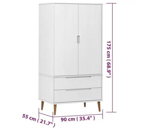 Skapis Molde, Balts, 90X55X175 Cm, Priedes Masīvkoks Vidaxl