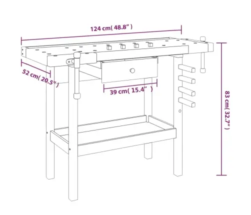 Töölaud Sahtli Ja Kruustangidega 124 X 52 X 83 cm Täispuidust Akaatsia