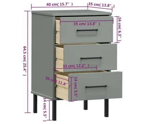 Naktsskapītis Ar Metāla Kājām Oslo, Pelēks, Priedes Masīvkoks Vidaxl