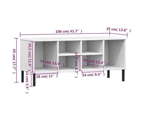 Kingariiul Metalljalgadega, Valge, 106X35X45 Cm Täispuit "Oslo"