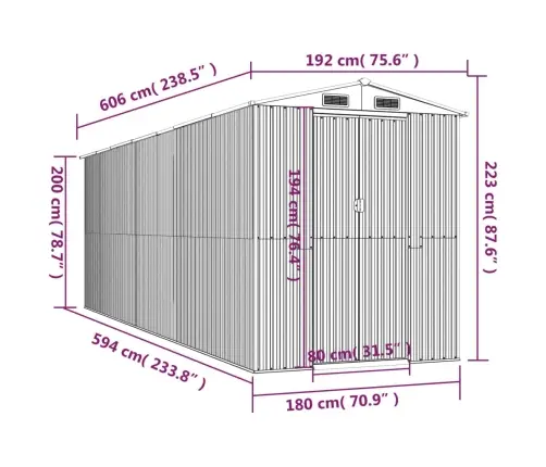 Dārza Šķūnis, Gaiši Pelēks, 192X606X223 Cm, Cinkots Tērauds Vidaxl