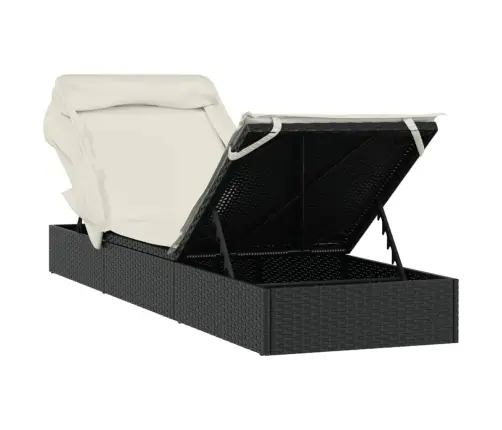 Saulės Gultas Su Stogeliu, Juodas, 213X63X97cm Poliratanas