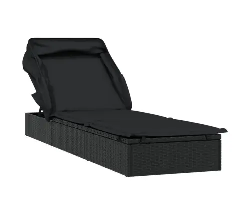 Saulės Gultas Su Stogeliu, Juodas, 213X63X97cm Poliratanas