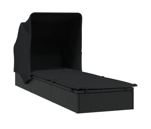 Saulės Gultas Su Stogeliu, Juodas, 213X63X97cm Poliratanas