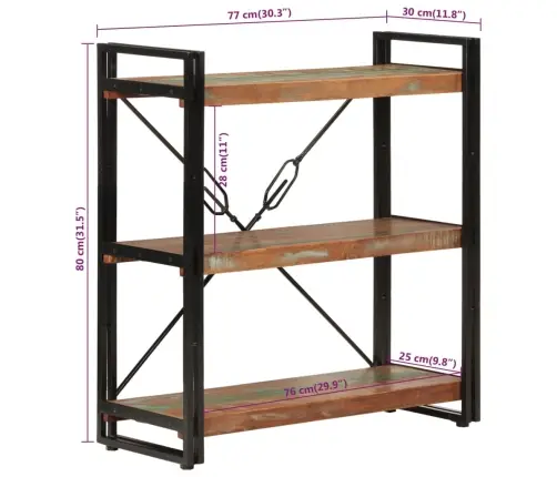 3 Riiuliga Raamaturiiul, 77X30X80 cm Taastatud Puit Ja Raud