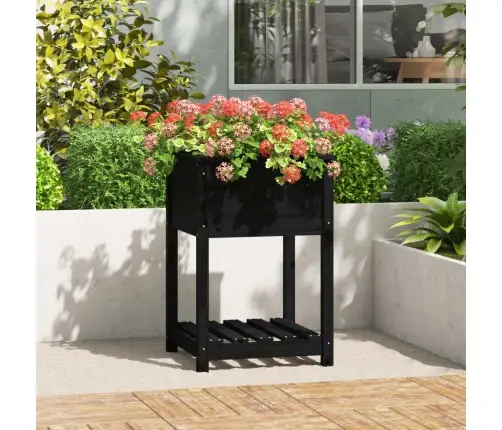 Puķu Kaste Ar Plauktu, Melna, 54X54X81 Cm, Priedes Masīvkoks Vidaxl
