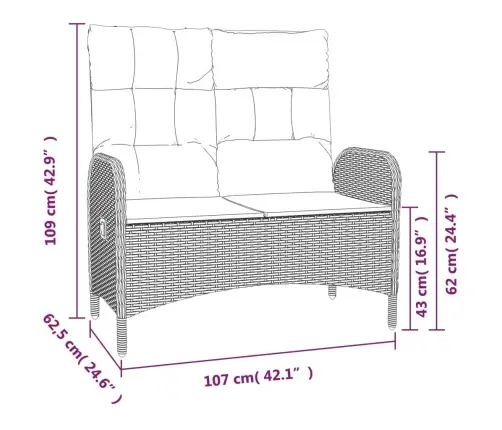 Atgāžams Dārza Sols Ar Matračiem, 107 Cm, Melna Pe Rotangpalma Vidaxl