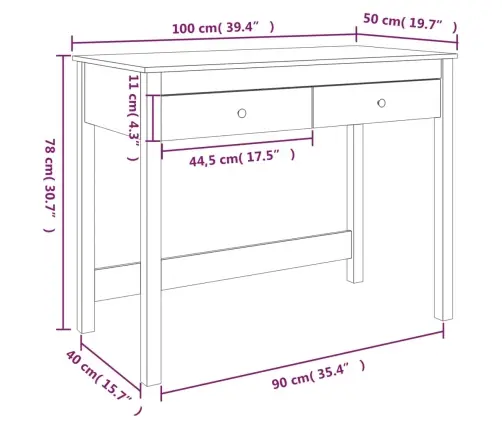 Rakstāmgalds Ar Atvilktnēm, Balts, 100X50X78 Cm, Priedes Koks Vidaxl