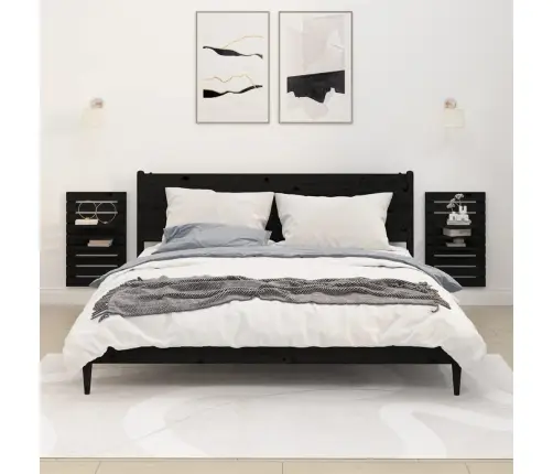 Sieninės Lentynos Prie Lovos, 2Vnt., Juodos, Pušies Masyvas