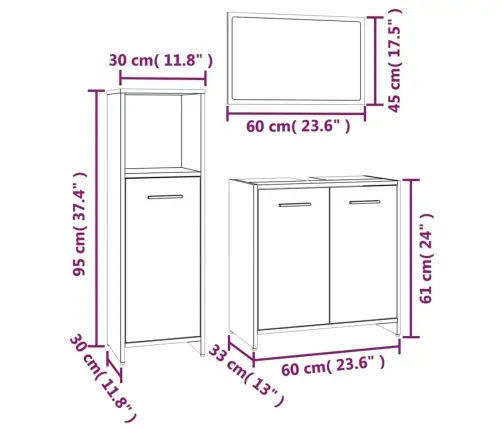 3-Daļīgs Vannasistabas Mēbeļu Komplekts, Pelēka Ozolkoka Krāsa Vidaxl