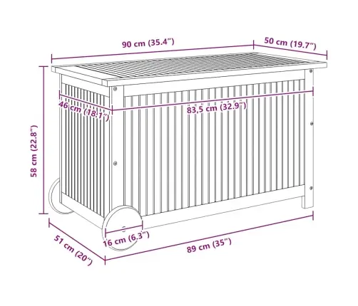 Dārza Uzglabāšanas Kaste Ar Riteņiem, 90X50X58Cm, Akācijas Koks Vidaxl