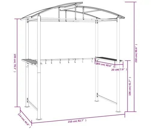 Grila Nojume Ar Sānu Plauktiem, 210X114X230 Cm, Tērauds, Pelēka Vidaxl