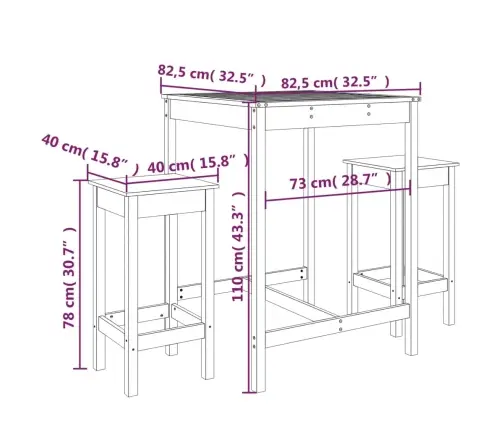 3-Daļīgs Dārza Bāra Mēbeļu Komplekts, Priedes Masīvkoks, Balts Vidaxl