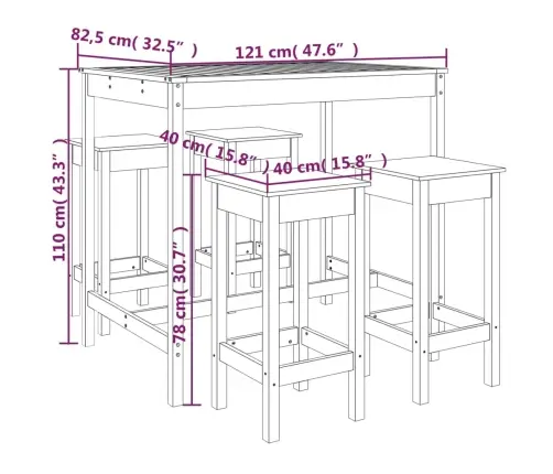 Sodo Baro Baldų Komplektas, 5 Dalių, Baltas, Pušies Masyvas