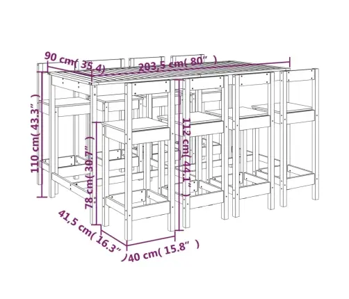 9-Daļīgs Dārza Bāra Mēbeļu Komplekts, Priedes Masīvkoks, Balts Vidaxl