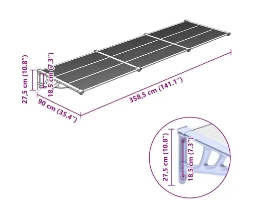 Durvju Jumtiņš, Pelēks, Caurspīdīgs, 358,5X90 Cm, Polikarbonāts Vidaxl