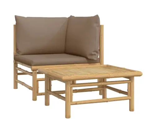 2-Osaline Aiamööbli Komplekt Pruunikashallide Patjadega, Bambus