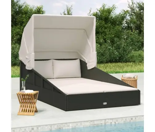 Saulės Gultas Su Stogeliu, Juodas, 200X114X128cm Poliratanas Saulės Gultas Su Stogeliu, Juodas, 200X114X128cm Poliratanas