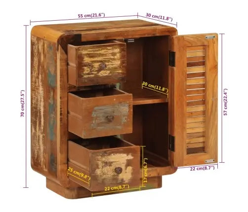 Kumode Ar 3 Atvilktnēm, 55X30X70 Cm, Pārstrādāts Masīvkoks Vidaxl