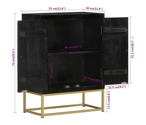 Šoninė Spintelė Su 2 Durelėm, Juoda/Auksinė, 55X30X75cm Mango