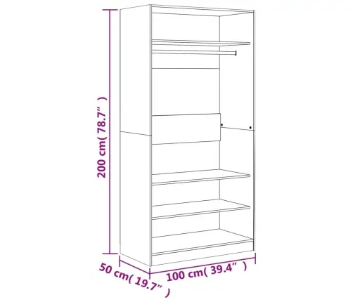 Riidekapp, Hall Sonoma Tamm, 100 X 50 X 200 cm Tehispuit