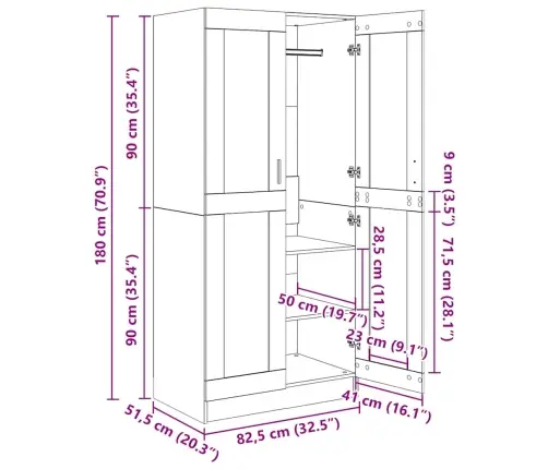 Riidekapp, Hall Sonoma Tamm, 82,5 X 51,5 X 180 cm Tehispuit