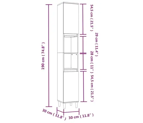 Vannitoakapp, Hall Sonoma Tamm, 30 X 30 X 190 cm Tehispuit