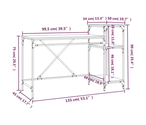 Rakstāmgalds Ar Plauktiem, 135X50X90 Cm, Inženierijas Koks Vidaxl
