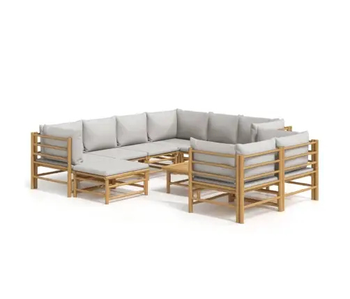 10-Daļīgs Dārza Dīvānu Komplekts Ar Pelēkiem Matračiem, Bambuss Vidaxl