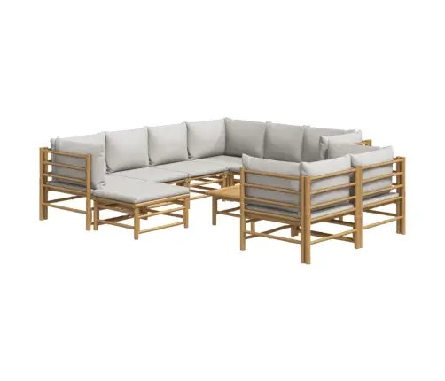 10-Daļīgs Dārza Dīvānu Komplekts Ar Pelēkiem Matračiem, Bambuss Vidaxl