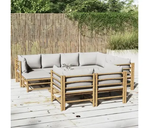 10-Daļīgs Dārza Dīvānu Komplekts Ar Pelēkiem Matračiem, Bambuss Vidaxl