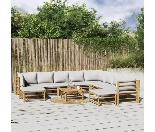 11-Daļīgs Dārza Dīvānu Komplekts Ar Pelēkiem Matračiem, Bambuss Vidaxl