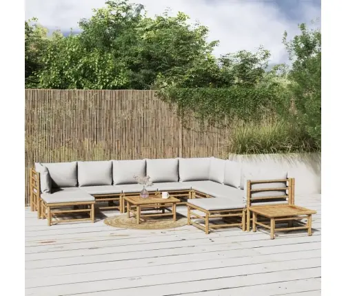 12-Osaline Aiamööbli Komplekt Helehallide Patjadega, Bambus