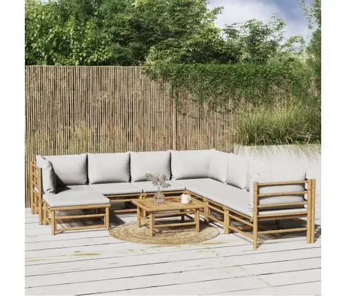 9-Osaline Aiamööbli Komplekt Helehallide Patjadega, Bambus